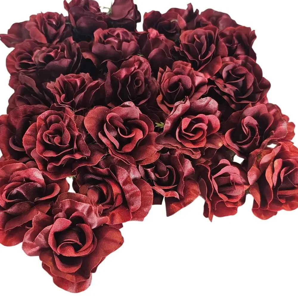 50 Burgundy Red Satin Rose Heads Stemless Wedding Floral Craft DIY 2.5in Flowers